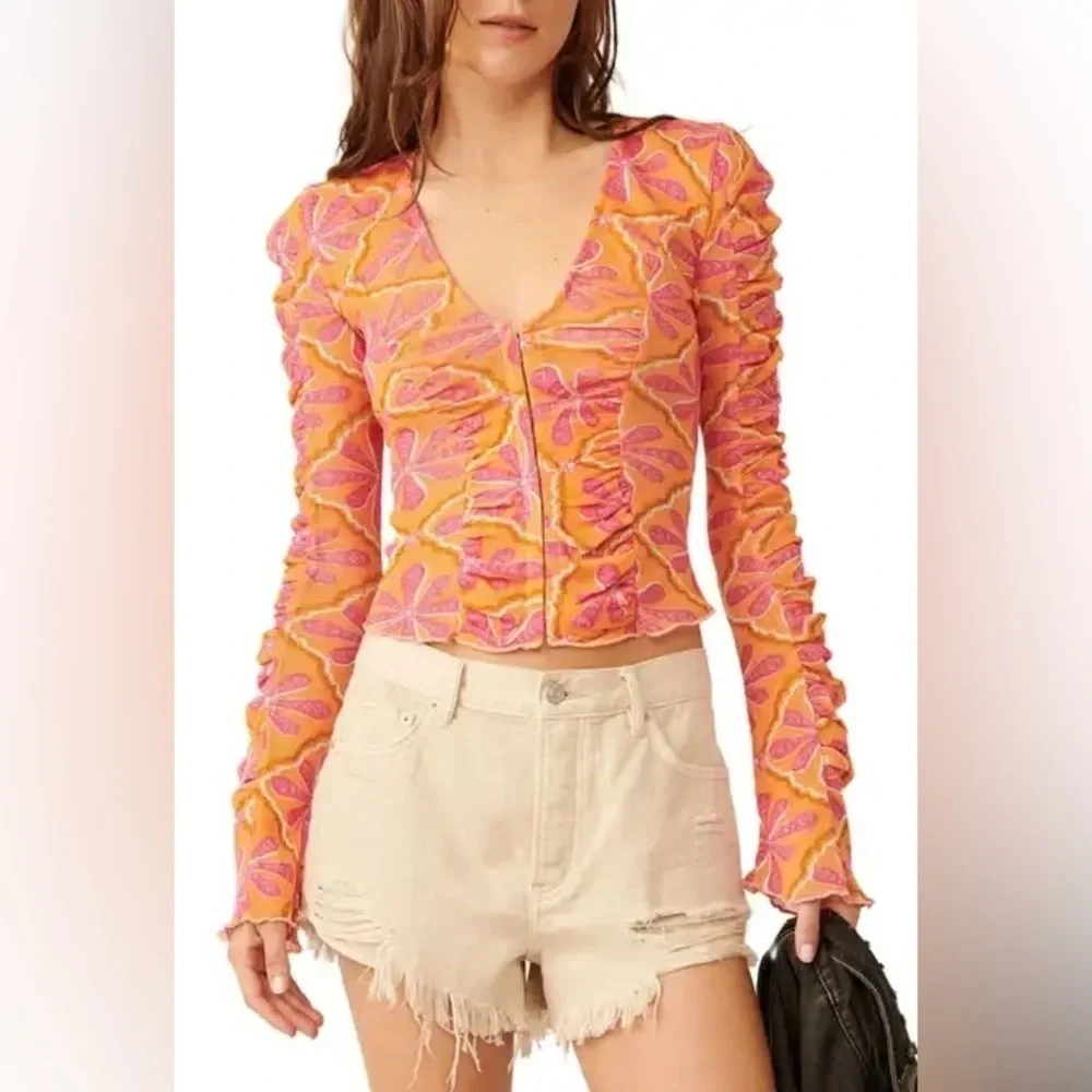 Free People - Through The Meadow Grapefruit Floral Hook And Eye Closure Blouse M
